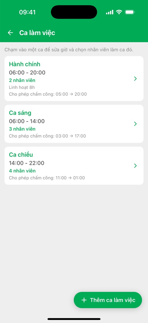 Danh sách ca làm việc